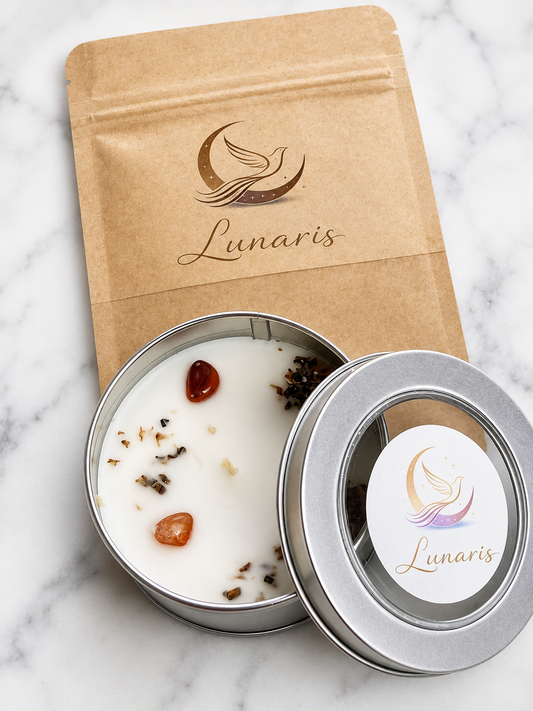 🌹 Vela Aromática do Amor – com Quartzo Rosa, Minerais e Flores Secas