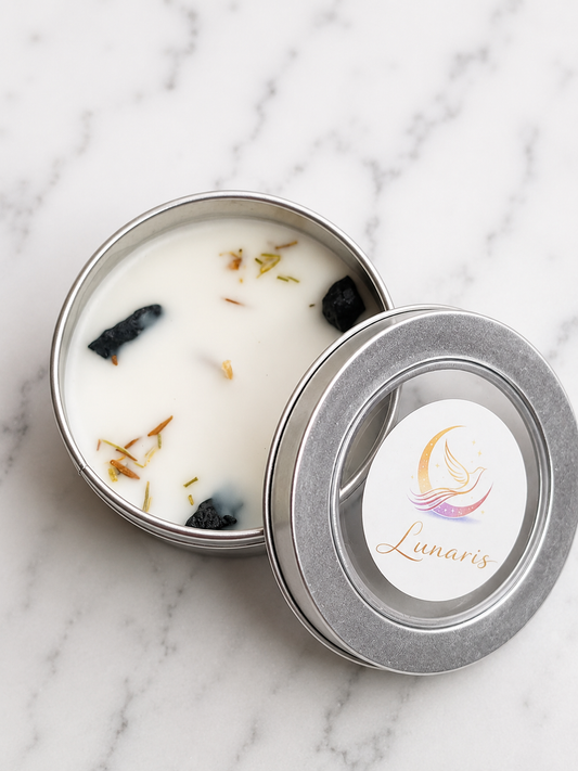 🌿 Vela Aromática – Sândalo com Turmalina Negra, Cedro e Zimbro