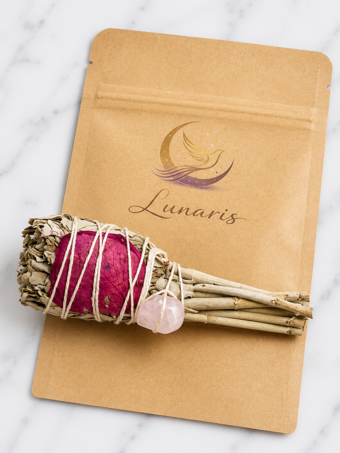 🌿 Smudge de Sálvia Branca com Quartzo Rosa e Pétalas de Rosa