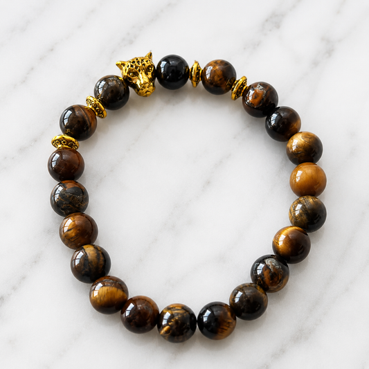 Pulseira Olho de Tigre Natural com Cabeça de Leopardo Dourada
